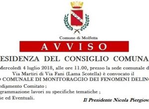 Avviso Presidenza del Consiglio Comunale mercoledi 4 luglio comitato comunale di monitoraggio dei fenomeni delinquenziali