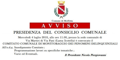 Avviso Presidenza del Consiglio Comunale mercoledi 4 luglio comitato comunale...
