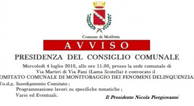 Avviso Presidenza del Consiglio Comunale mercoledi 4 luglio comitato comunale di monitoraggio dei fenomeni delinquenziali Avviso Presidenza del Consiglio Comunale mercoledi 4 luglio comitato comunale...