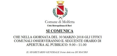 Avviso orario al pubblico 30 marzo 2018 Avviso orario al pubblico 30 marzo 2018