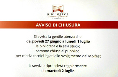 Sala studio e biblioteca chiuse da giovedì 27 giugno a lunedì ...